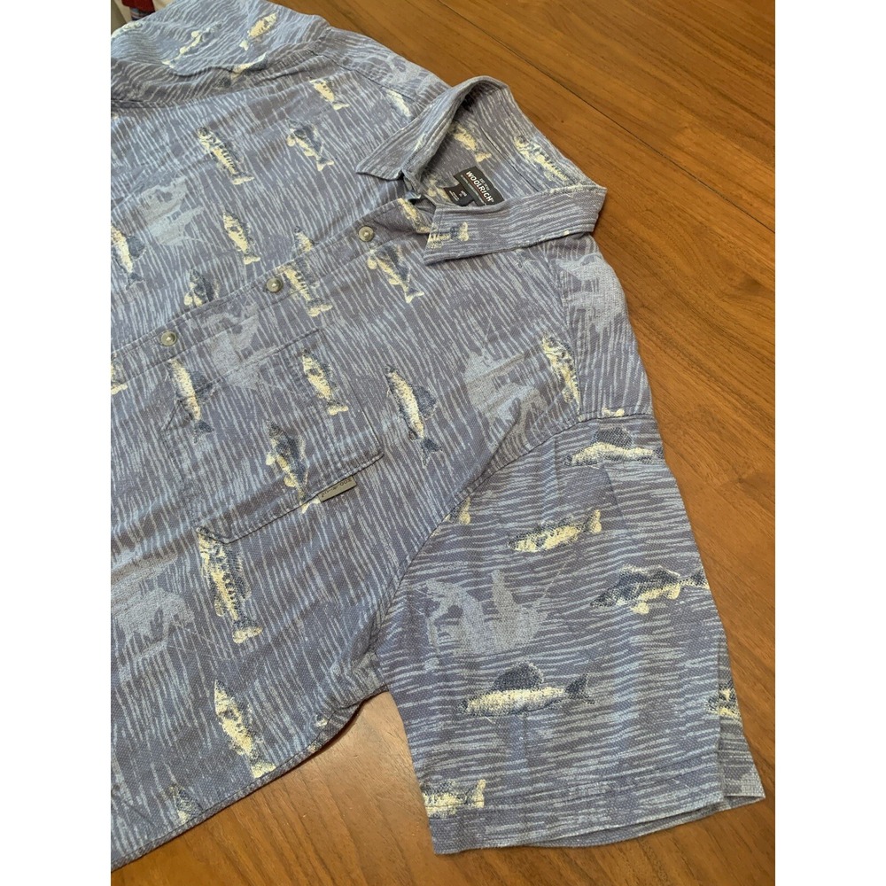 Woolrich Camp River Fisherman Shirt XL Mens Fish Print Button Up Blue Vintage